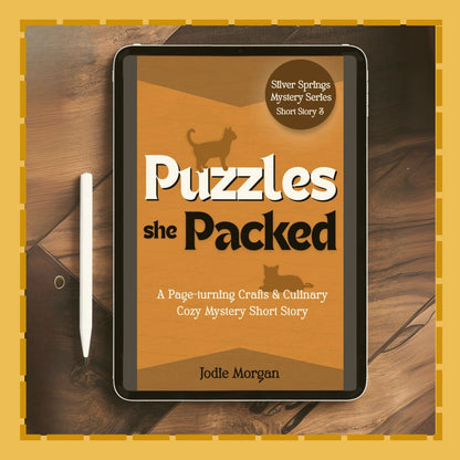 E-book cover of 'Puzzles she Packed' on a digital device with a wooden surface background