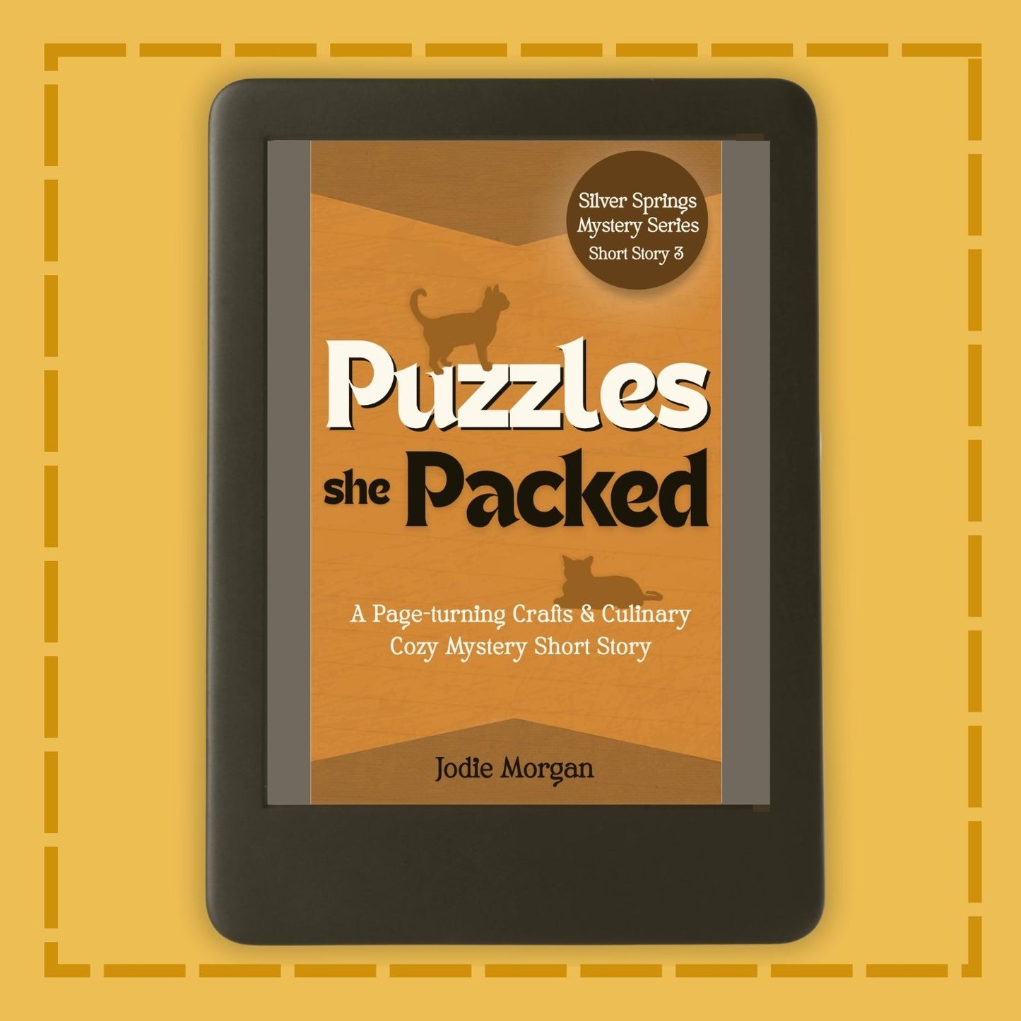 E-reader displaying a book cover titled 'Puzzles she Packed' on a yellow background