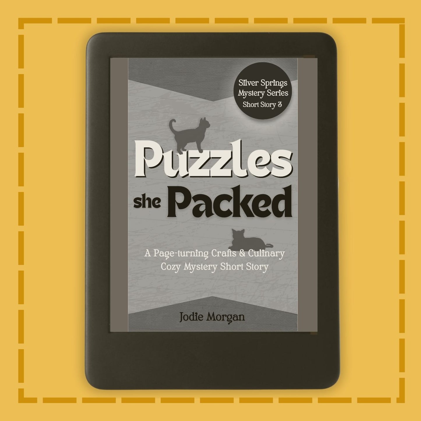 E-reader displaying a book cover titled 'Puzzles she Packed' on a yellow background
