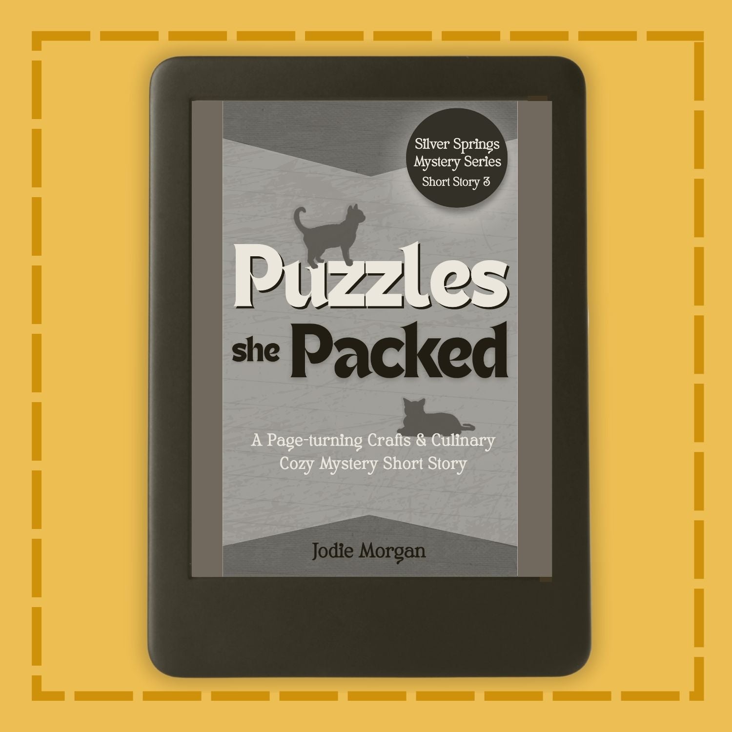 E-reader displaying a book cover titled 'Puzzles she Packed' on a yellow background