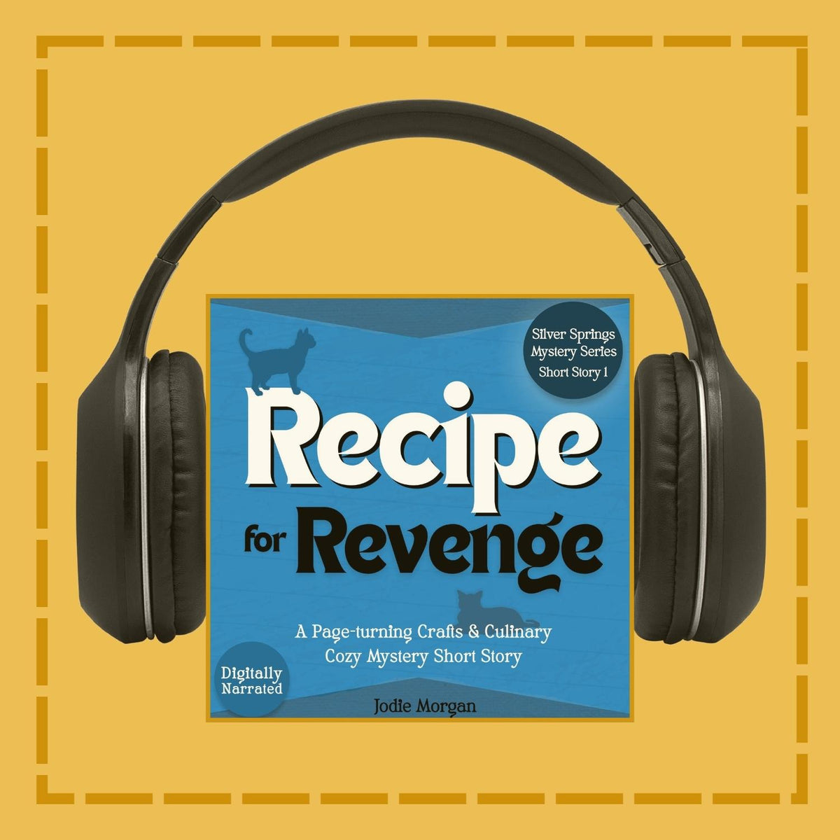 Headphones on a yellow background with a book cover titled 'Recipe for Revenge' by Jodie Morgan.