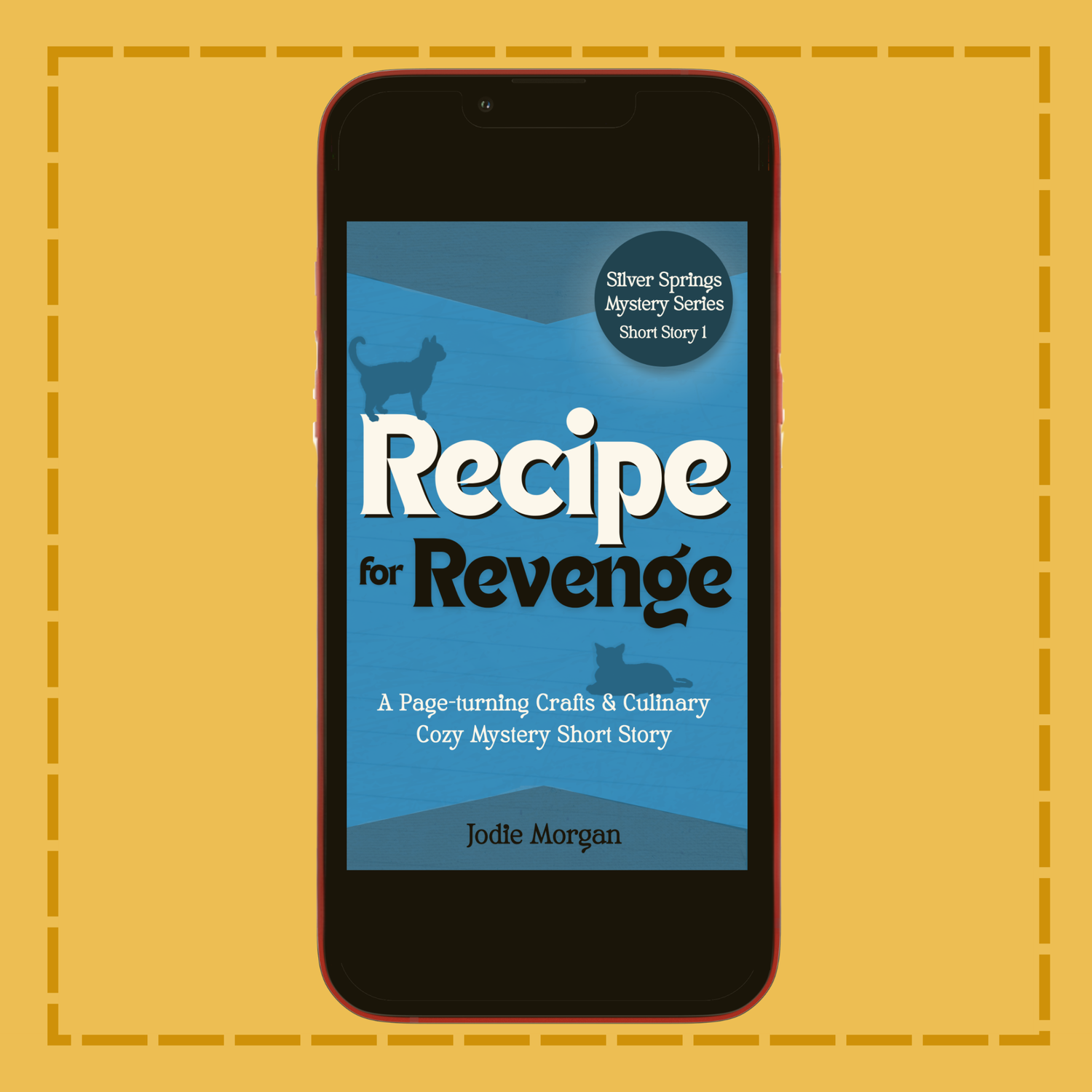 Phone displaying a book cover titled 'Recipe for Revenge' on a yellow background