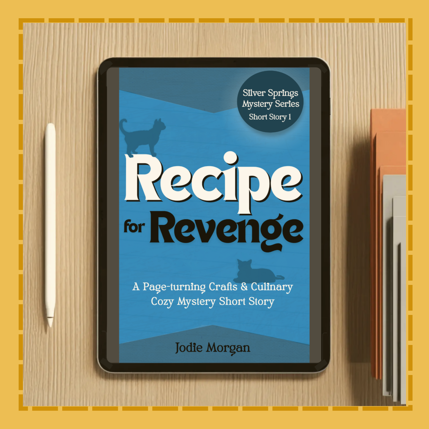 E-reader displaying 'Recipe for Revenge' on a wooden surface with a pen and book.