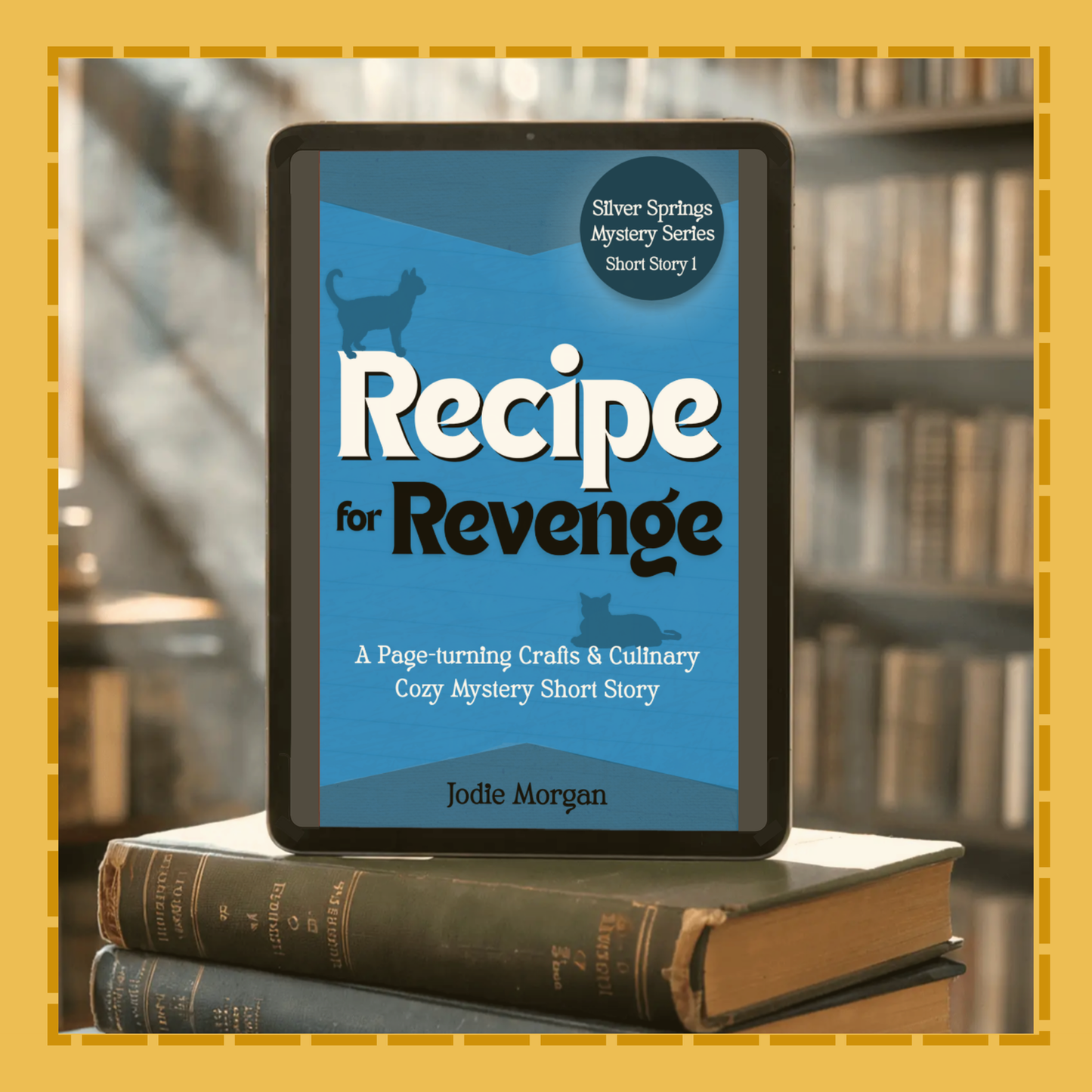 Ebook cover of 'Recipe for Revenge' on a tablet with a blurred bookshelf background