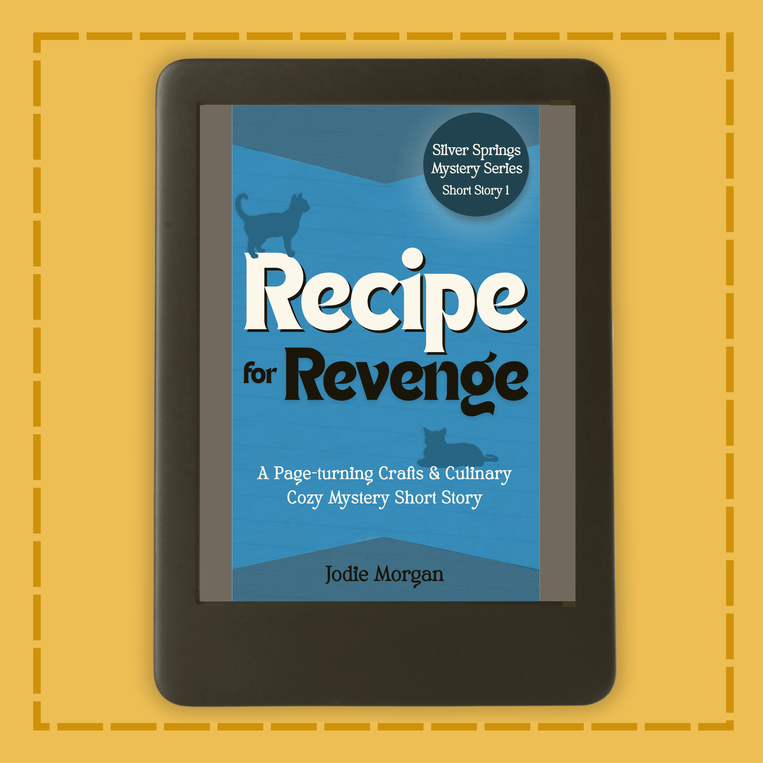 E-reader displaying a book cover titled 'Recipe for Revenge' on a yellow background