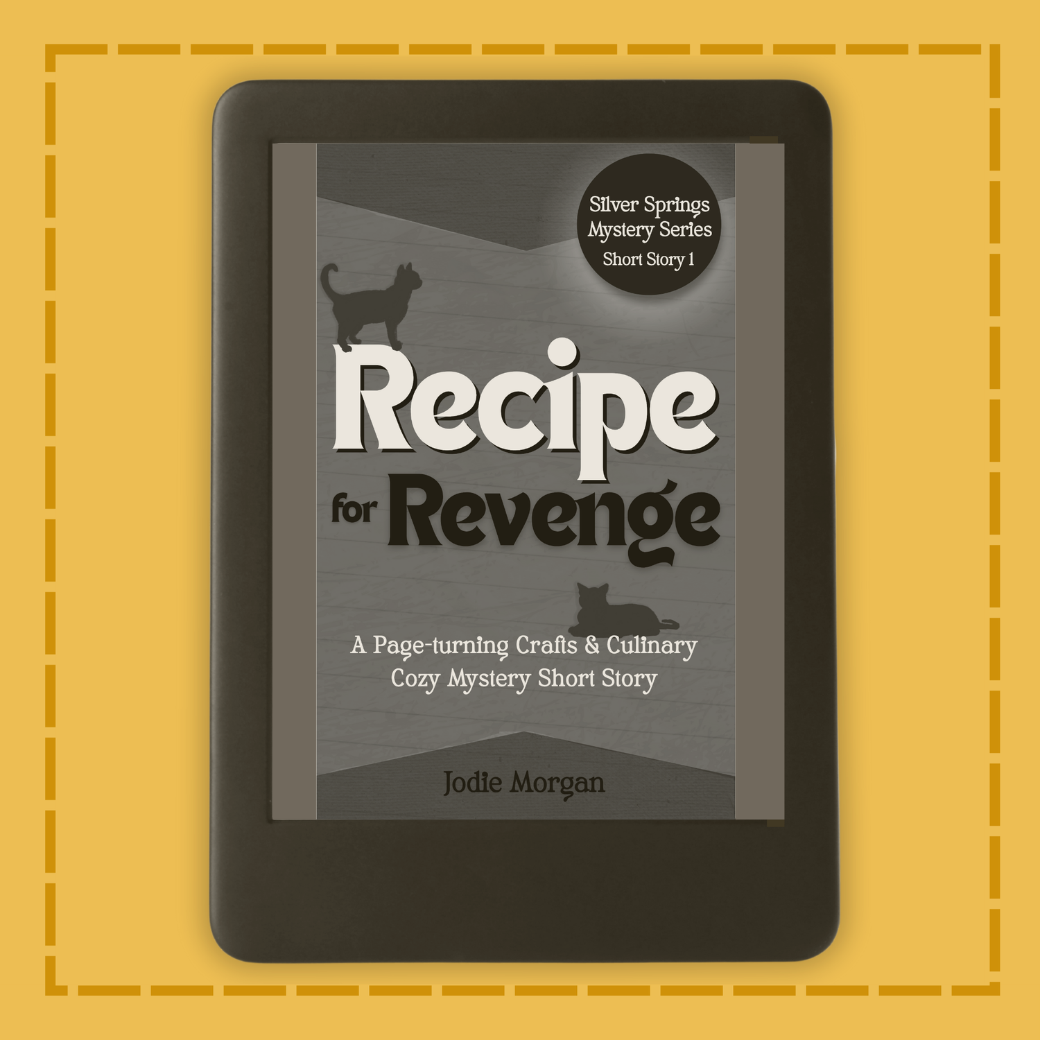 E-reader displaying a book cover titled 'Recipe for Revenge' on a yellow background