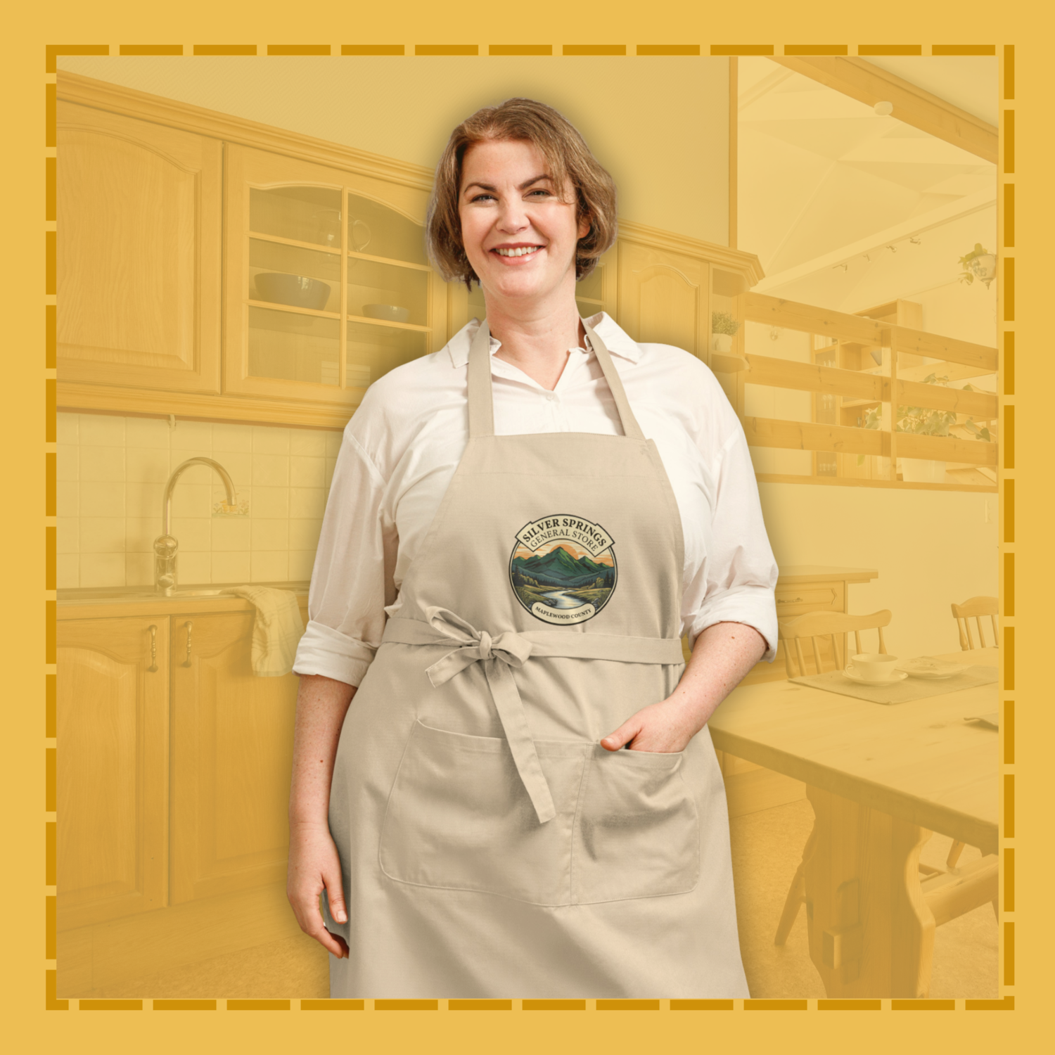 Person wearing a branded apron in a kitchen setting