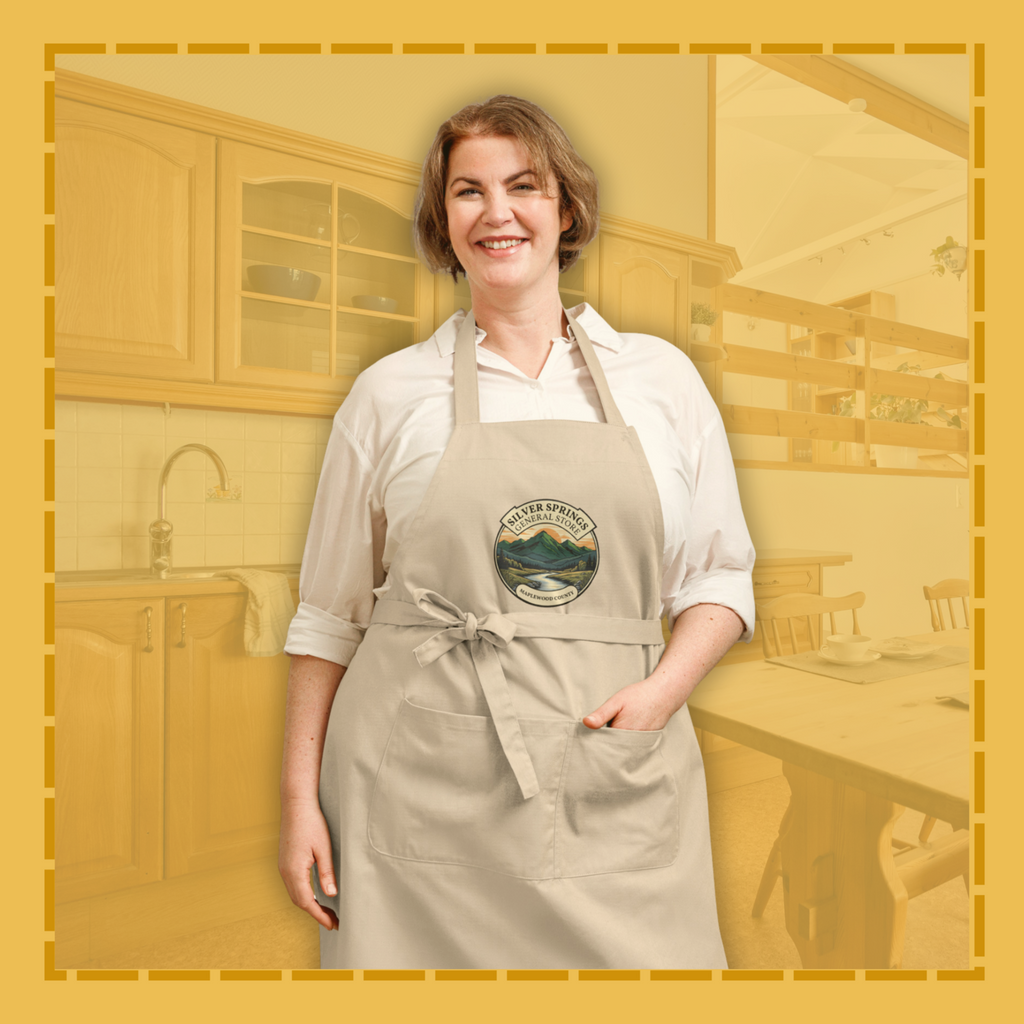 Person wearing a branded apron in a kitchen setting