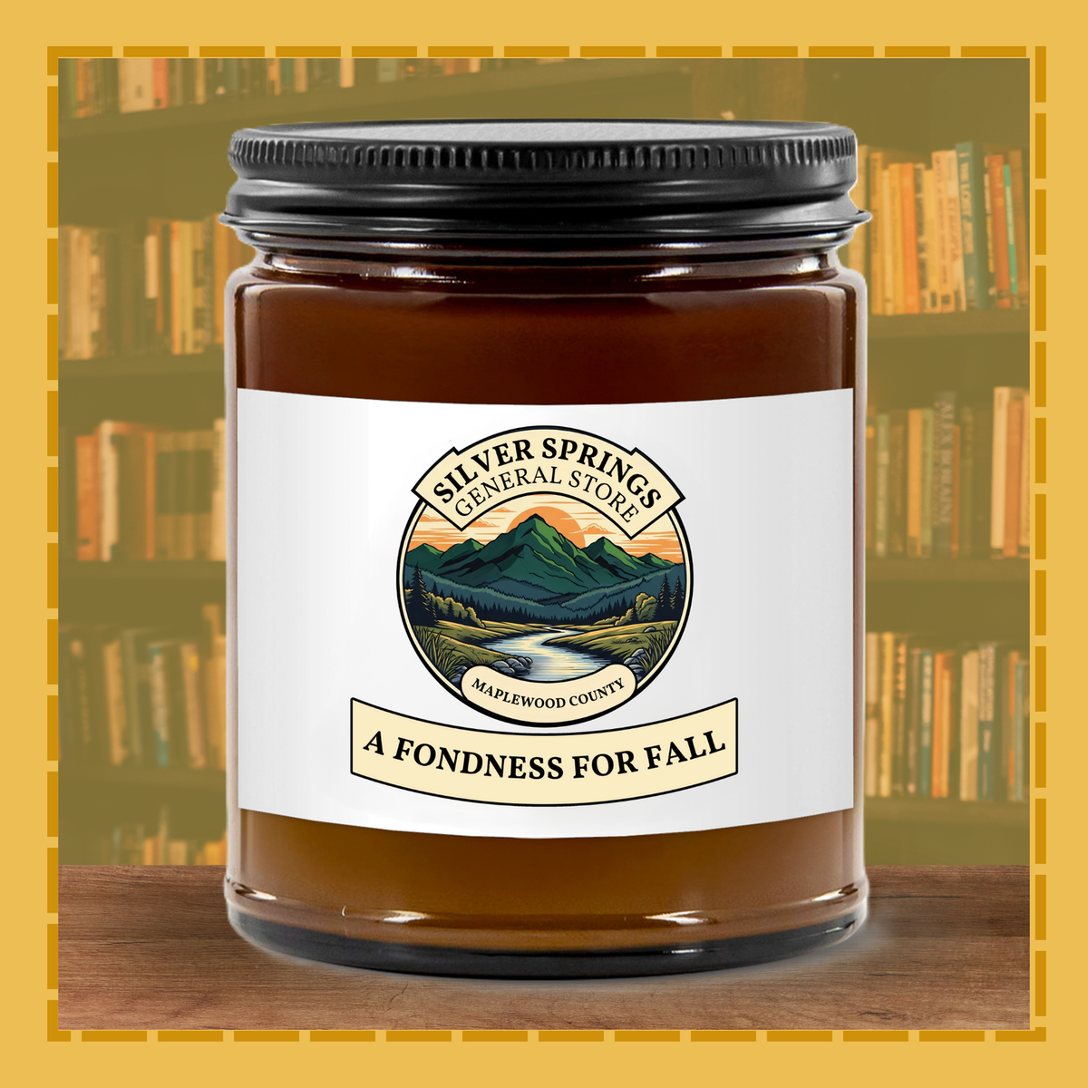 Candle jar with 'Silver Springs General Store' label in front of a bookshelf