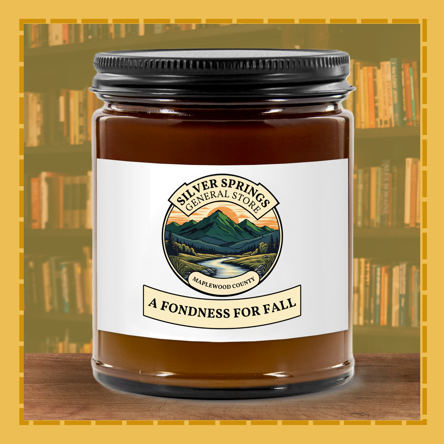 Candle jar with 'Silver Springs General Store' label in front of a bookshelf