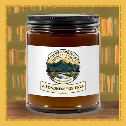 Candle jar with 'Silver Springs General Store' label in front of a bookshelf