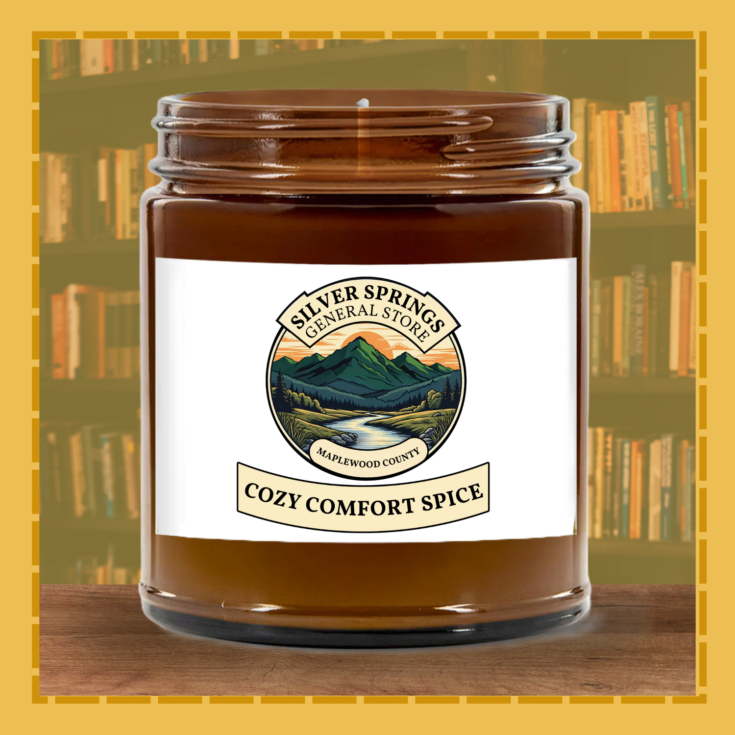 Jar of 'Cozy Comfort Spice' candle with a label on a bookshelf background