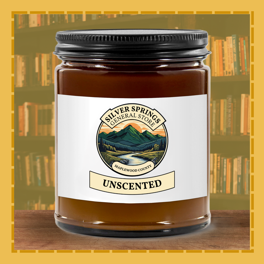 Jar of 'Unscented' candle from Silver Springs General Store with a scenic label against a bookshelf background.