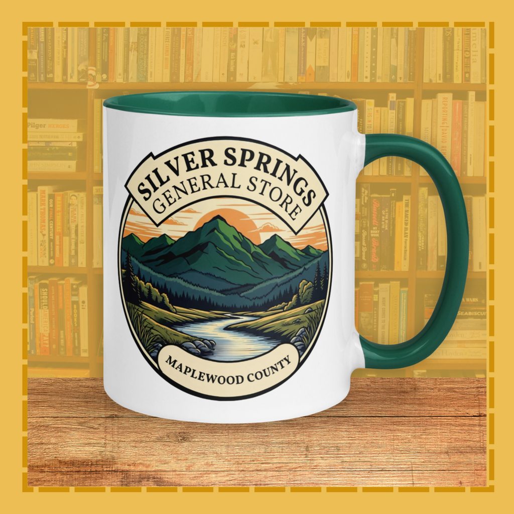 Mug with 'Silver Springs General Store' design on a wooden surface with bookshelf background