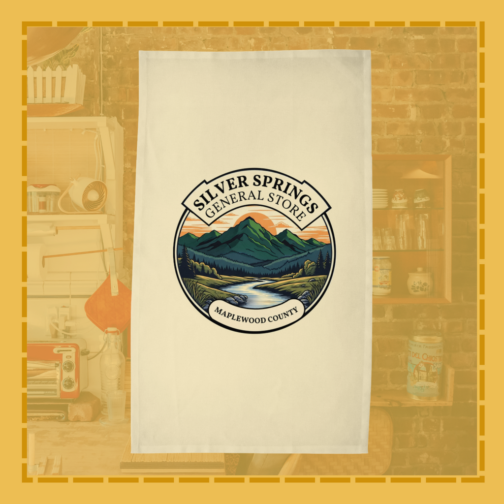 Tea towel with 'Silver Springs General Store' design on a vintage-style background