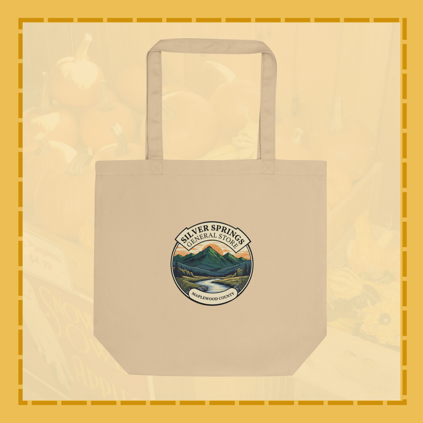 Beige tote bag with a logo on a beige background