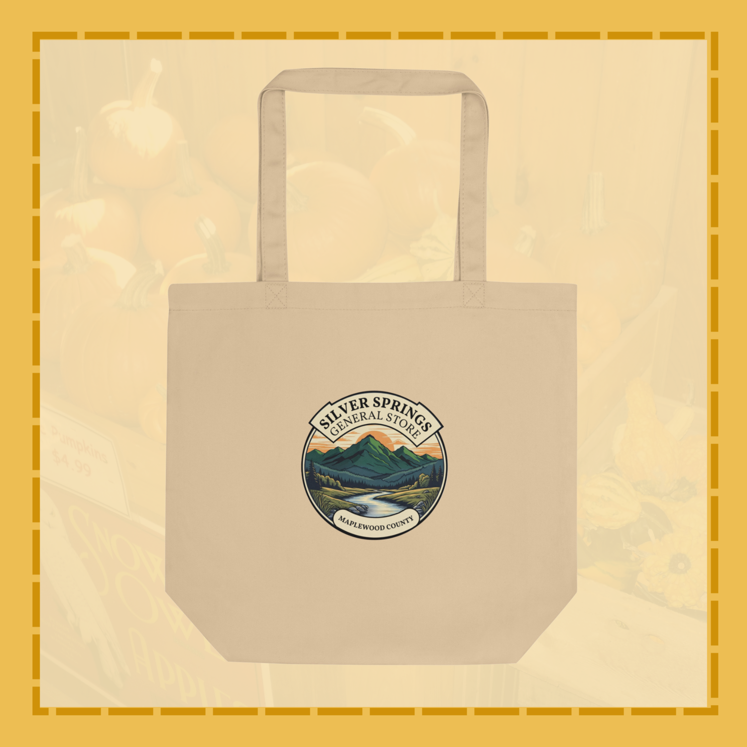 Beige tote bag with a logo on a beige background