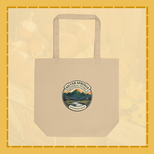 Beige tote bag with a logo on a beige background
