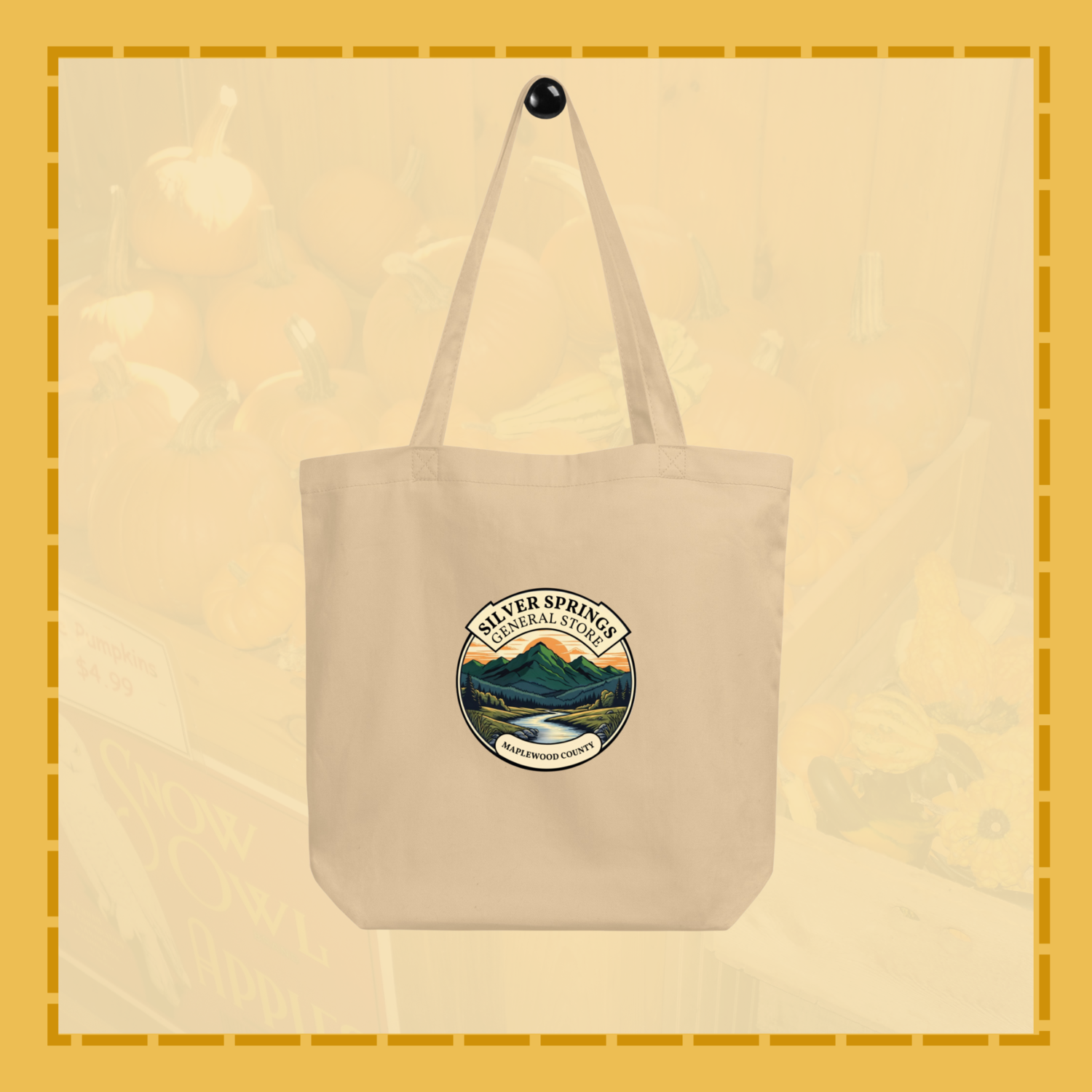 Beige tote bag with a nature-themed logo on a beige background