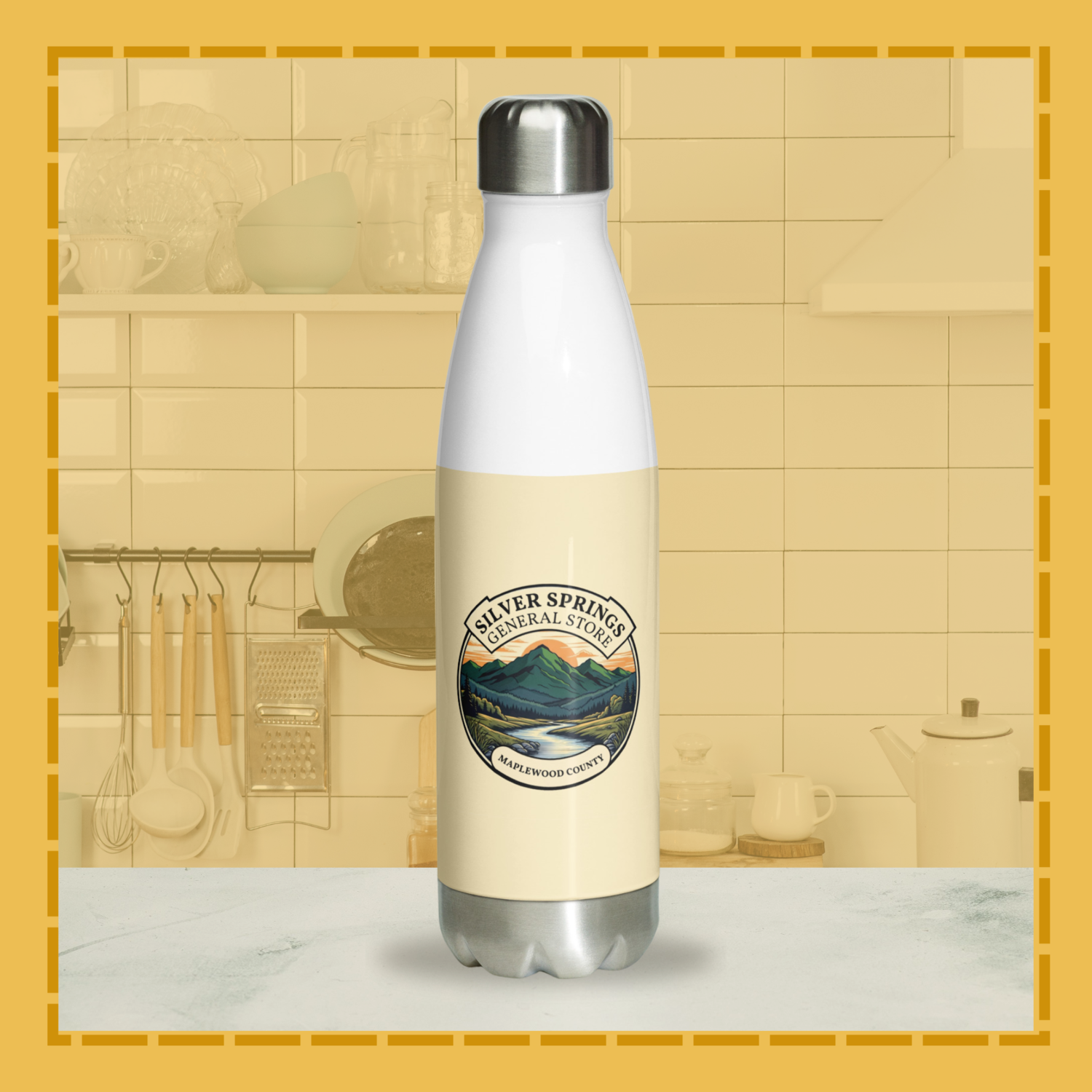 White water bottle with a logo on a kitchen counter