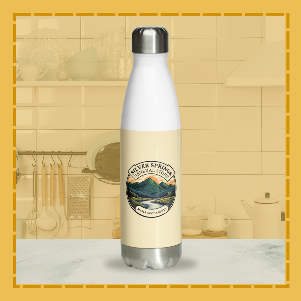 White water bottle with a logo on a kitchen counter