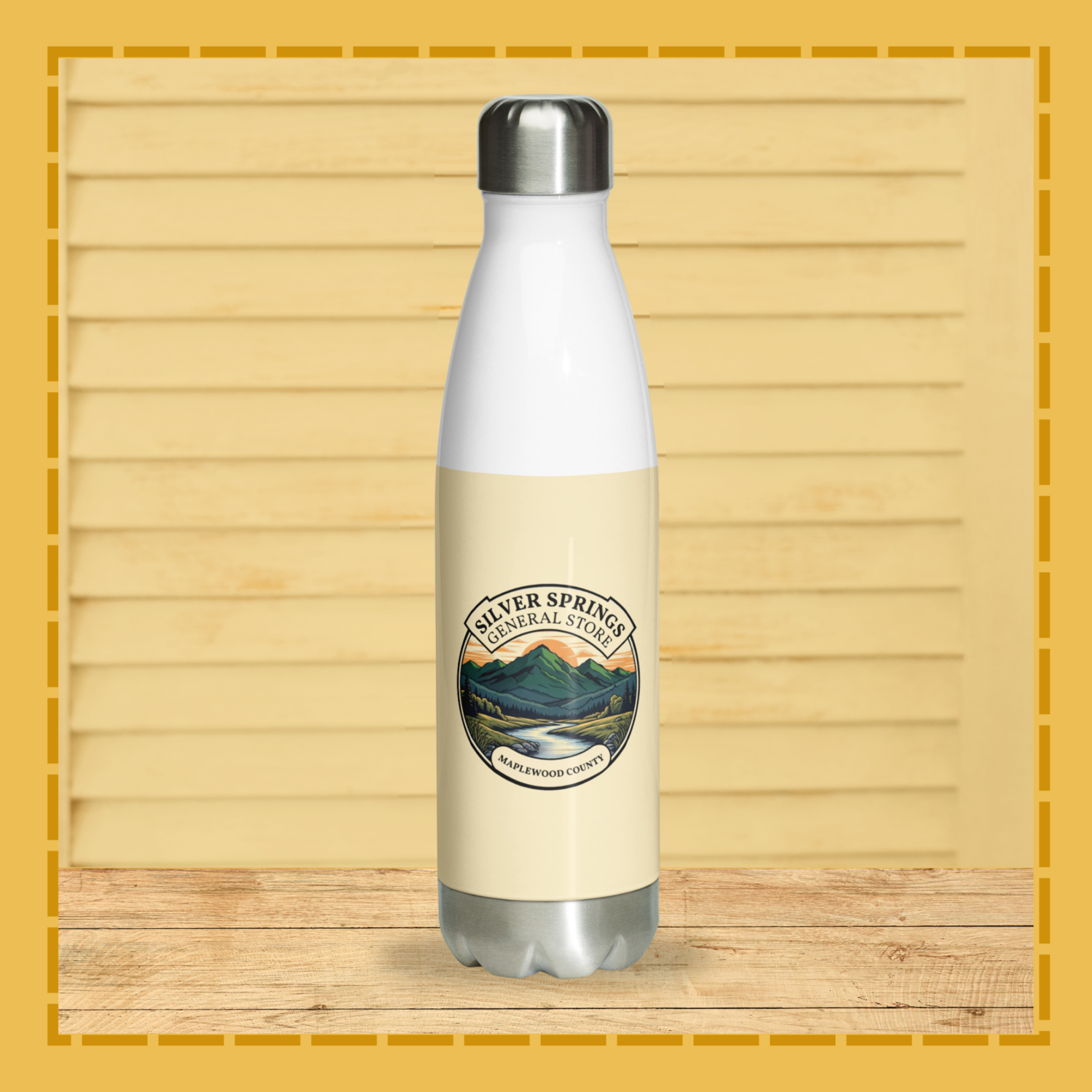 White water bottle with a logo on a wooden surface