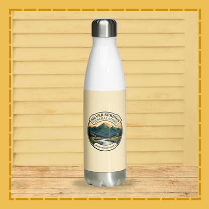 White water bottle with a logo on a wooden surface