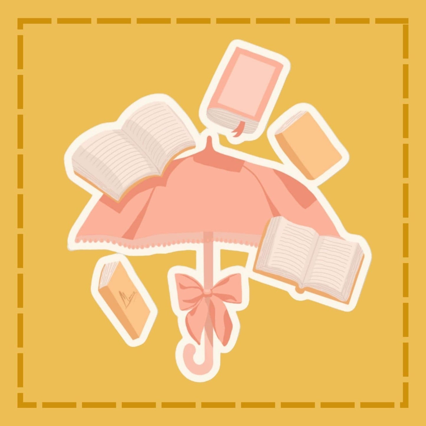 Pink umbrella with books on a yellow background