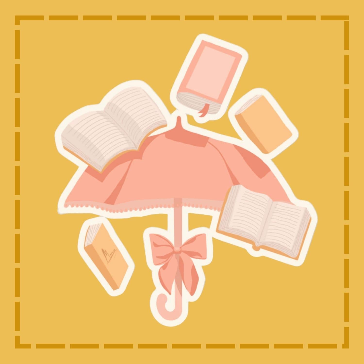 Pink umbrella with books on a yellow background