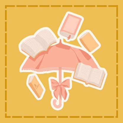 Pink umbrella with books on a yellow background