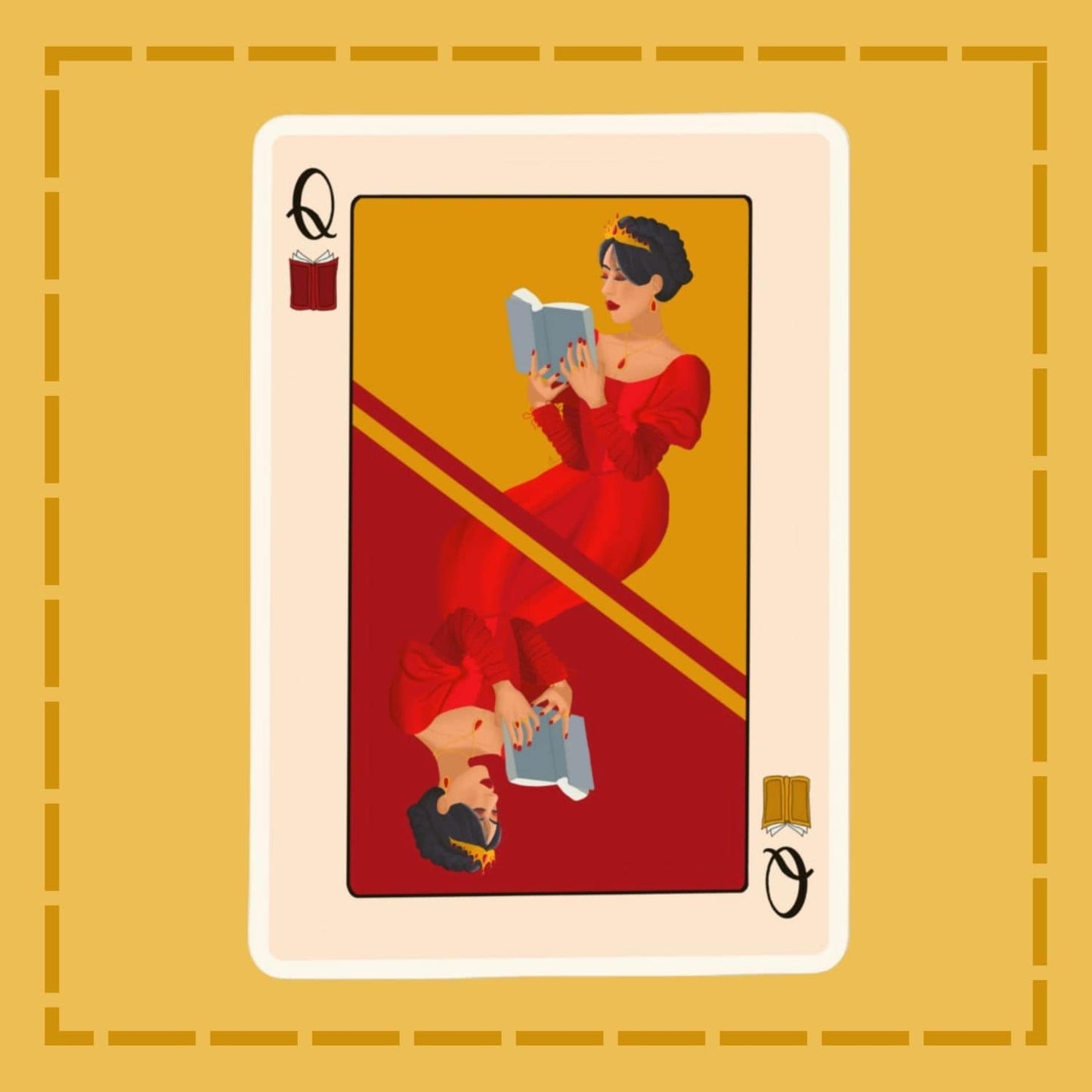 Playing card with a woman in a red dress reading a book on a yellow background