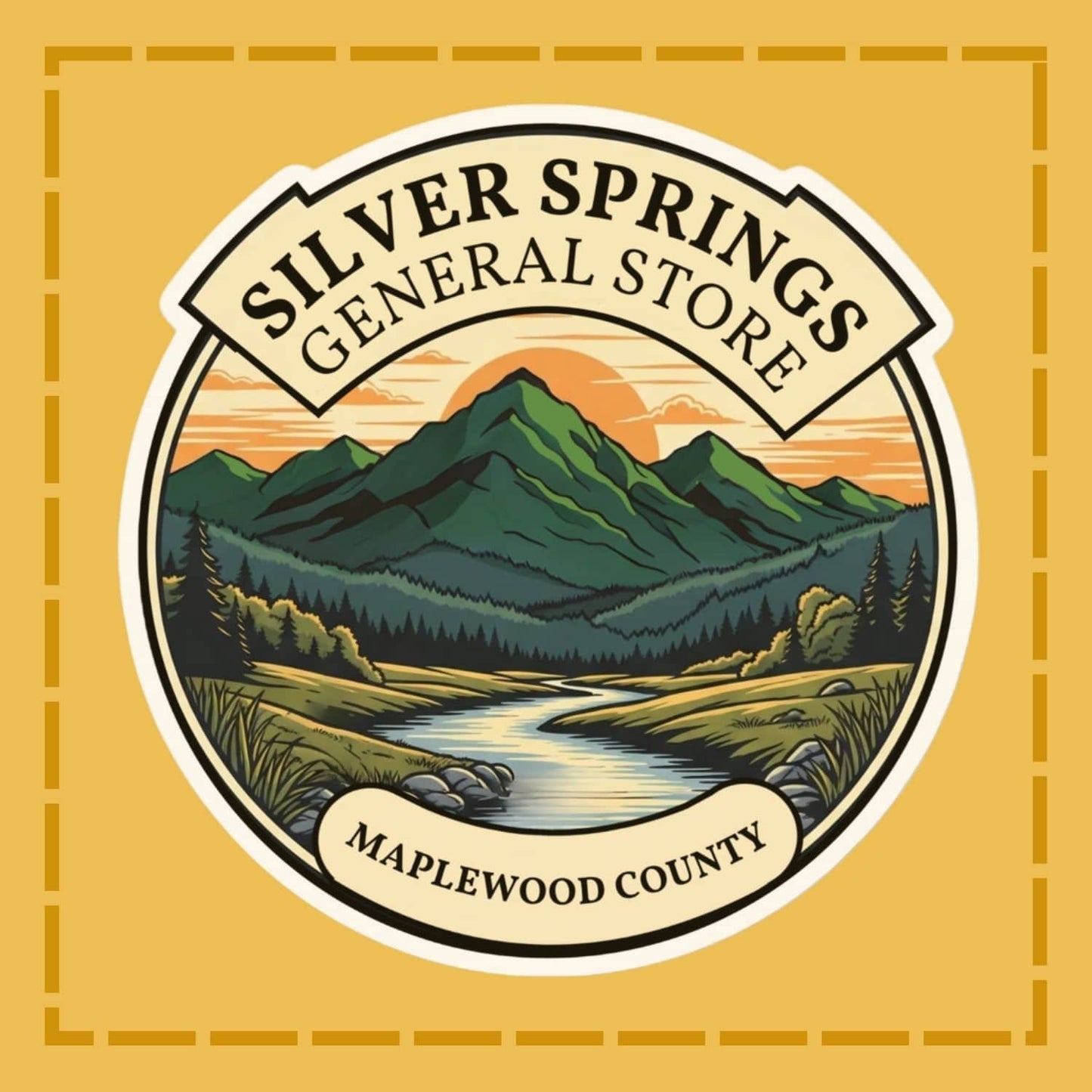 Logo of Silver Springs General Store with a mountain and river design on a yellow background