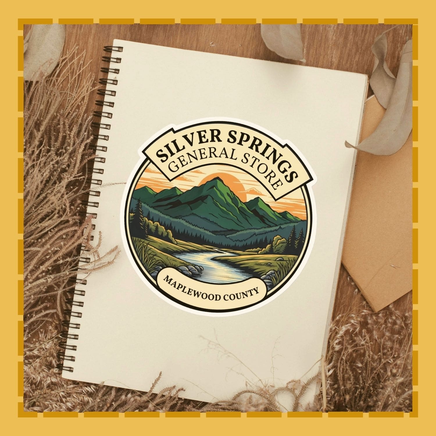 Notebook with Silver Springs General Store logo on a wooden surface