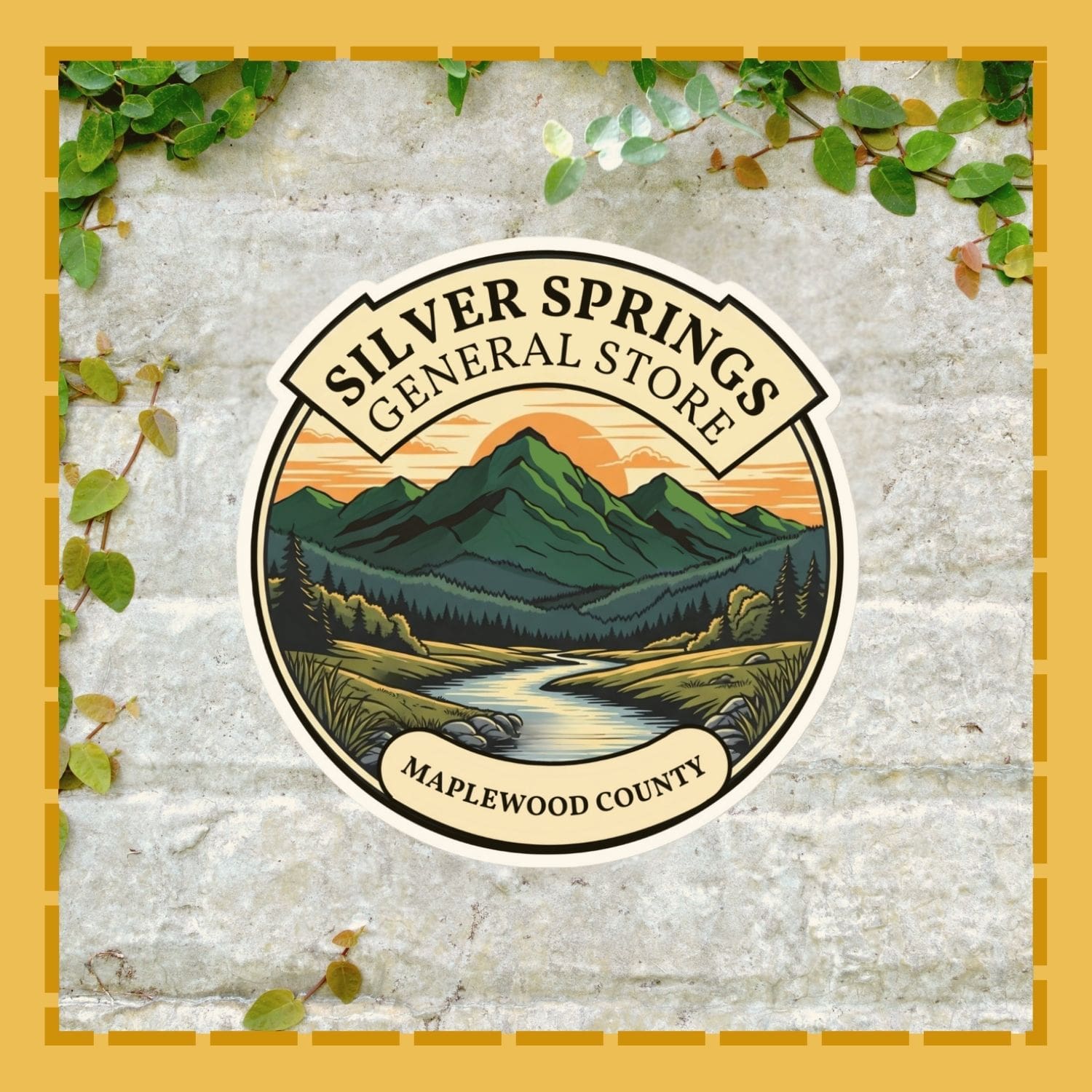 Logo of Silver Springs General Store with a scenic design on a textured stone background.