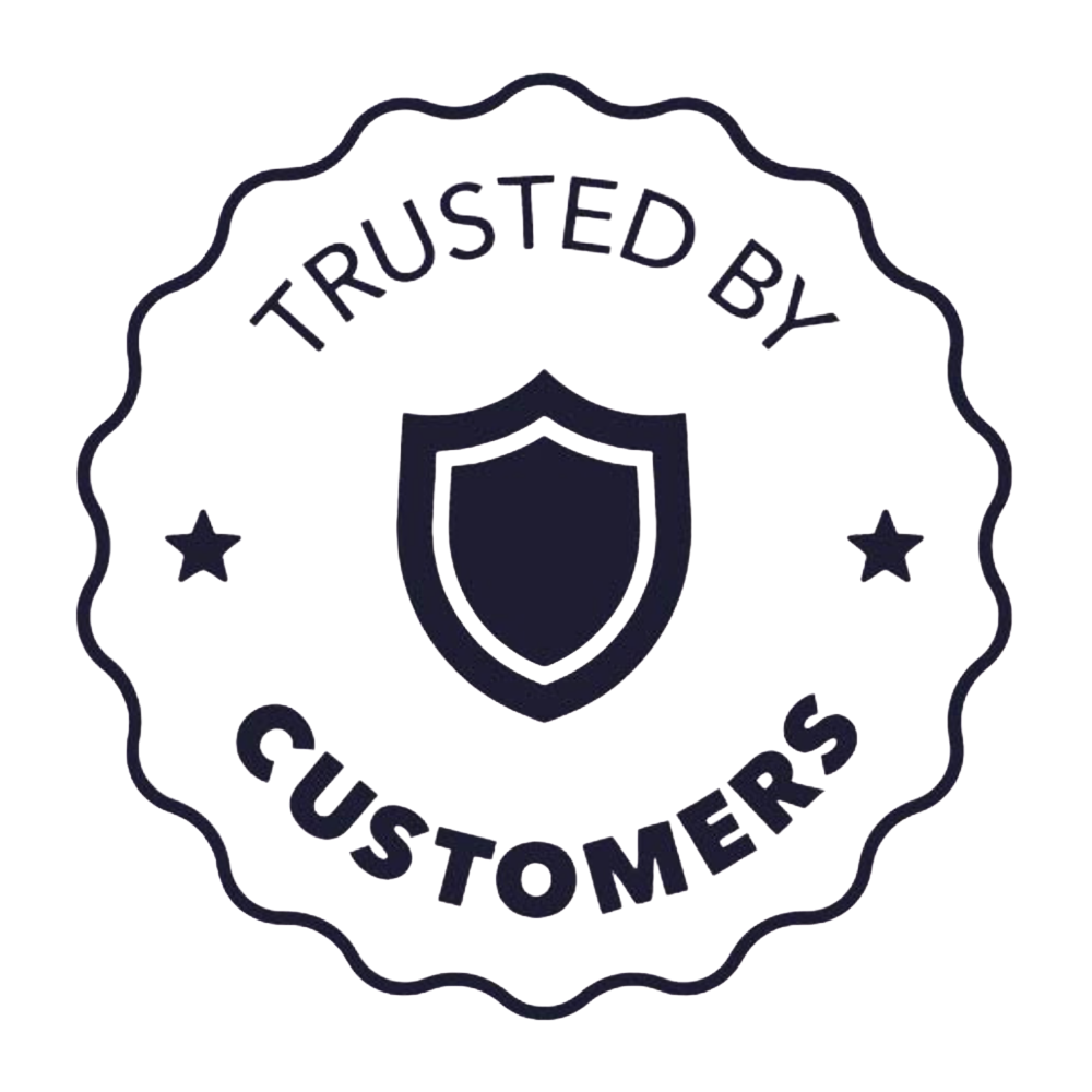 Logo with 'Trusted by Customers' text and a shield symbol on a white background