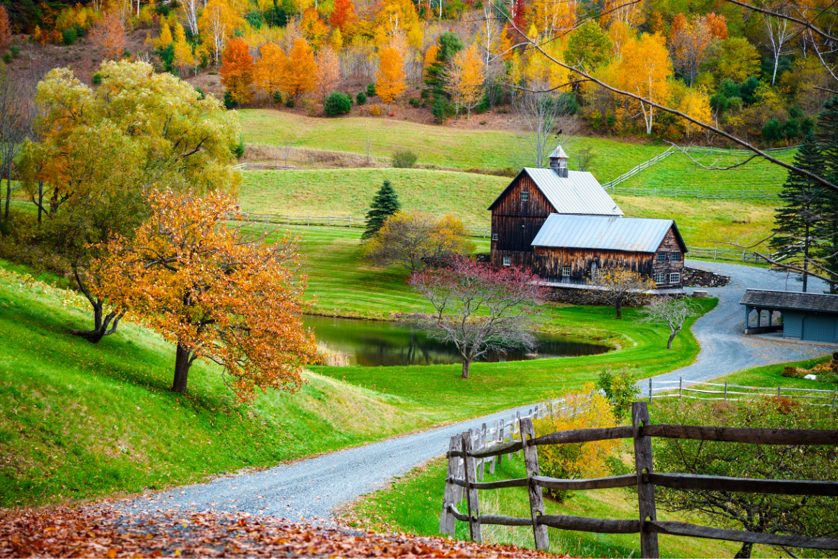 Autumn landscape with a wooden barn in a valley surrounded by trees with colorful leaves.