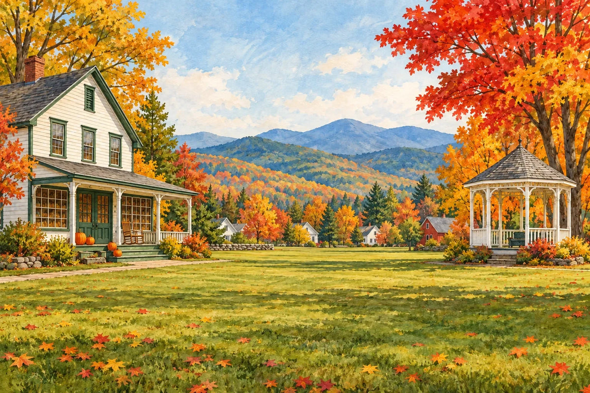 A painted Vermont village green in autumn, with the General Store, a white gazebo and the Green Mountains