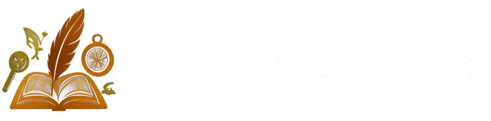 Decorative logo with an open book, feather, and compass on a white background